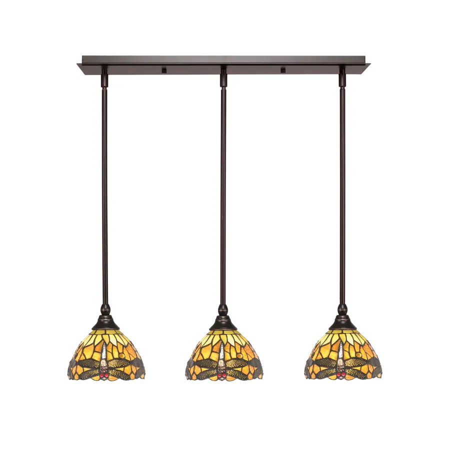 3-Light Linear Pendant with Amber Dragonfly Glass - Image 1