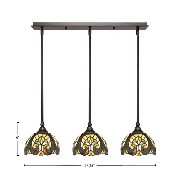 This 3-light linear pendant combines artisanal craftsmanship with functional design, featuring hand-blown amber dragonfly art glass shades in a dark granite finish. The adjustable stem system and sloped ceiling compatibility make it versatile for various installations. - alternate view