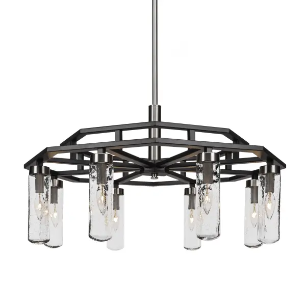 The Salinda chandelier combines contemporary style with industrial edge through its matte black and brushed nickel finish. Eight downward-facing lights with clear bubble glass create beautiful illumination patterns while the adjustable height accommodates various ceiling configurations.