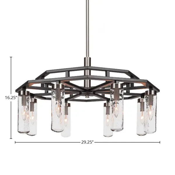 The Salinda chandelier combines contemporary style with industrial edge through its matte black and brushed nickel finish. Eight downward-facing lights with clear bubble glass create beautiful illumination patterns while the adjustable height accommodates various ceiling configurations. - alternate view