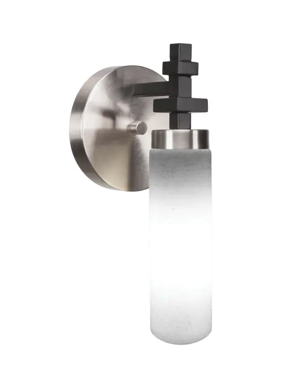 The Salinda Wall Sconce combines matte black and brushed nickel finishes for a sophisticated two-tone look. Its compact 5-inch width and white muslin glass shade provide warm, diffused lighting perfect for hallways, bathrooms, and bedrooms.