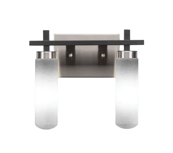 The Salinda 2-Light Bath Bar combines matte black and brushed nickel finishes for a sophisticated two-tone look. White muslin glass diffusers provide soft, even illumination perfect for bathroom tasks and ambiance.
