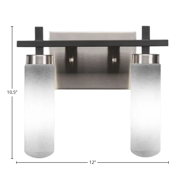 The Salinda 2-Light Bath Bar combines matte black and brushed nickel finishes for a sophisticated two-tone look. White muslin glass diffusers provide soft, even illumination perfect for bathroom tasks and ambiance. - alternate view