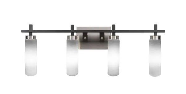 The Salinda 4 Light Bath Bar combines contemporary style with practical illumination. Its mixed metal finish and soft white muslin glass shades create a sophisticated look perfect for modern bathrooms.