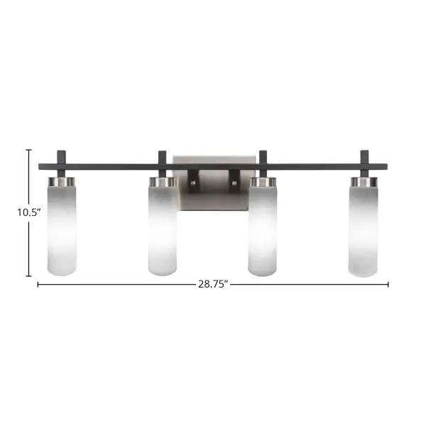 The Salinda 4 Light Bath Bar combines contemporary style with practical illumination. Its mixed metal finish and soft white muslin glass shades create a sophisticated look perfect for modern bathrooms. - alternate view