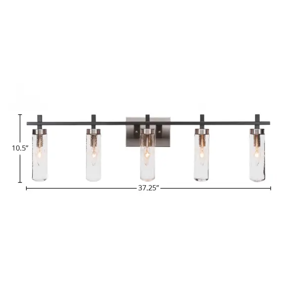 The Salinda bath bar combines contemporary style with industrial charm, featuring a striking matte black and brushed nickel two-tone finish. Five clear bubble glass shades provide excellent illumination while adding textural interest. - alternate view