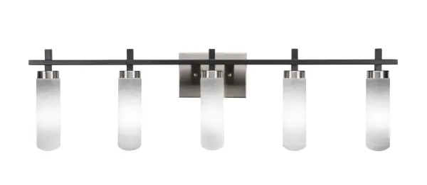 The Salinda 5 Light Bath Bar combines matte black and brushed nickel finishes for a sophisticated two-tone look. White muslin glass shades provide soft, even illumination perfect for bathroom vanities. At 37.25" wide, it's ideal for double vanities.