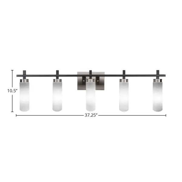 The Salinda 5 Light Bath Bar combines matte black and brushed nickel finishes for a sophisticated two-tone look. White muslin glass shades provide soft, even illumination perfect for bathroom vanities. At 37.25" wide, it's ideal for double vanities. - alternate view