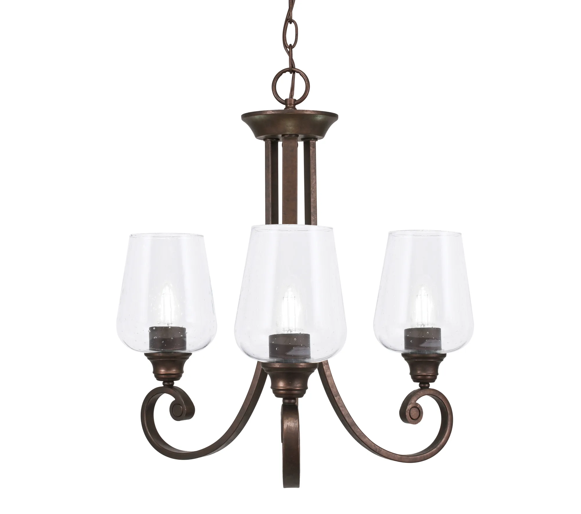 Curl 3 Light Uplight Chandelier Shown In Bronze Finish With 5" Clear Bubble Glass