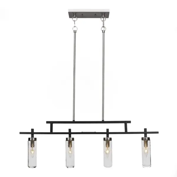 The Salinda 4-Light Island Pendant combines contemporary style with industrial flair through its striking matte black and brushed nickel two-tone finish. Clear bubble glass shades add textural interest while providing brilliant illumination.