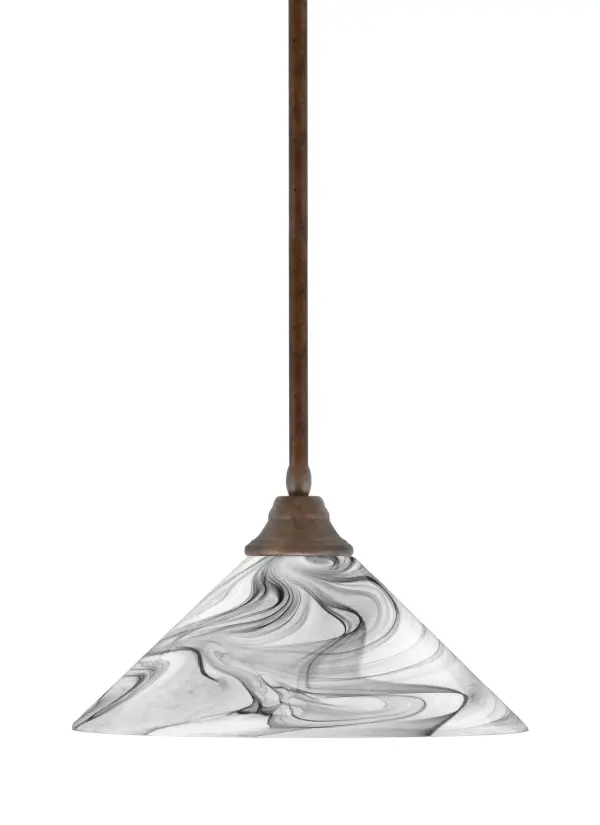This versatile stem-hung pendant combines timeless bronze finish with eye-catching onyx swirl glass. The 16-inch shade creates warm, inviting illumination perfect for dining areas and kitchens. Adjustable height and sloped ceiling compatibility make installation flexible.