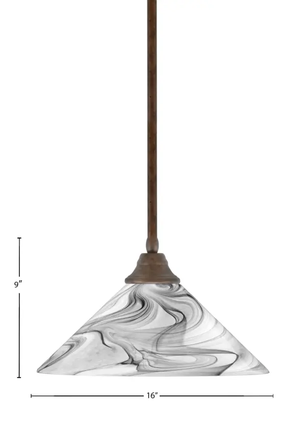 This versatile stem-hung pendant combines timeless bronze finish with eye-catching onyx swirl glass. The 16-inch shade creates warm, inviting illumination perfect for dining areas and kitchens. Adjustable height and sloped ceiling compatibility make installation flexible. - alternate view
