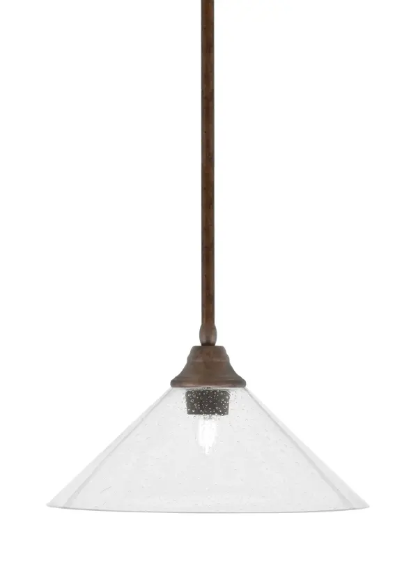 This 16-inch stem-hung pendant combines a warm bronze finish with unique clear bubble glass for a sophisticated lighting solution. The adjustable height and sloped ceiling compatibility make it versatile for various spaces.