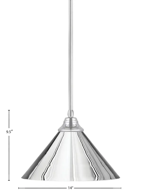 This versatile stem-hung pendant combines contemporary style with practical functionality. The 14-inch chrome cone shade delivers focused task lighting while the adjustable height accommodates various ceiling configurations. - alternate view
