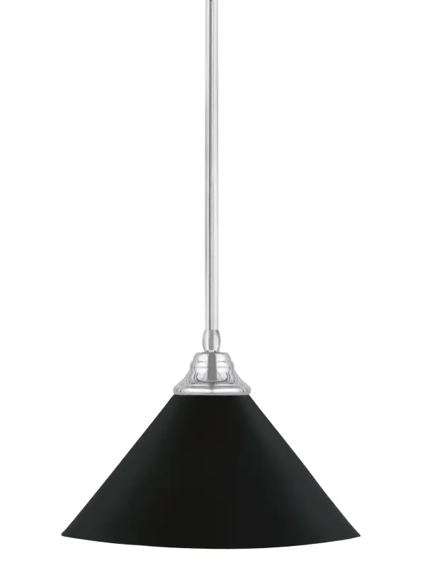 This contemporary stem-hung pendant combines a sleek chrome finish with a bold 14-inch matte black cone shade. Highly adjustable with multiple stem sections, it works on sloped ceilings and offers flexible installation options for various spaces.