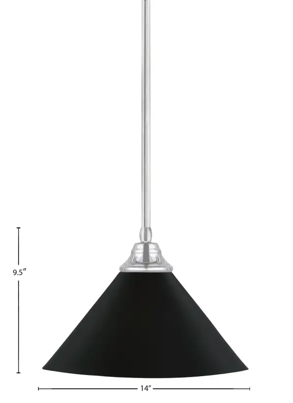 This contemporary stem-hung pendant combines a sleek chrome finish with a bold 14-inch matte black cone shade. Highly adjustable with multiple stem sections, it works on sloped ceilings and offers flexible installation options for various spaces. - alternate view