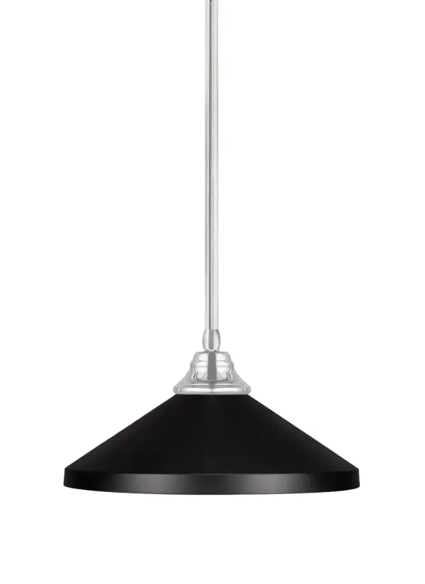 A sleek contemporary pendant featuring a striking contrast between chrome hardware and a matte black cone shade. The adjustable stem system allows customization from 10.75" to 58.75", making it versatile for various ceiling heights and room configurations.
