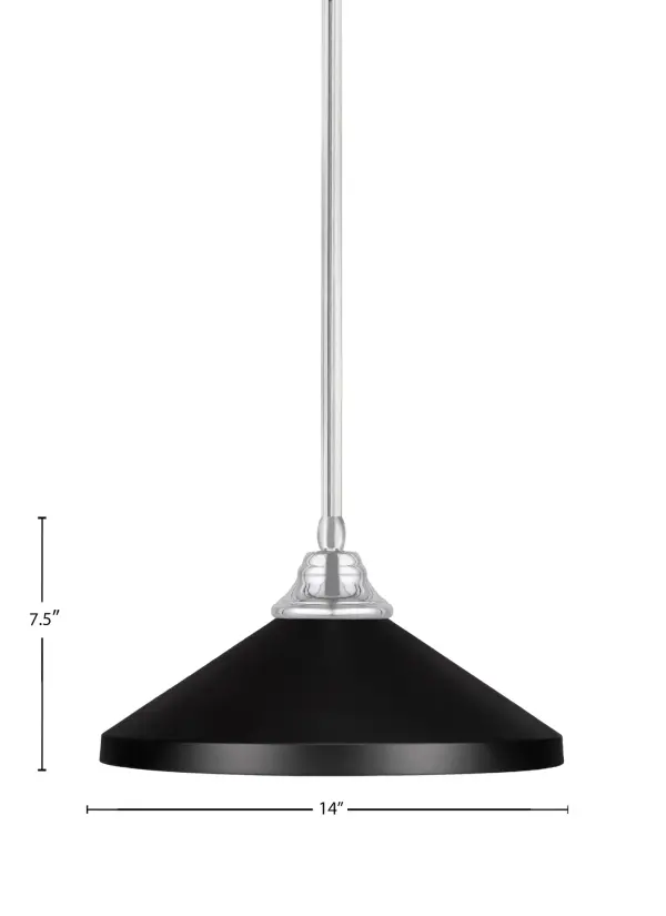 A sleek contemporary pendant featuring a striking contrast between chrome hardware and a matte black cone shade. The adjustable stem system allows customization from 10.75" to 58.75", making it versatile for various ceiling heights and room configurations. - alternate view