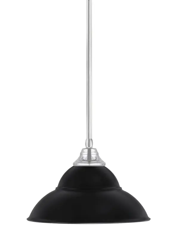 This modern stem pendant combines a polished chrome finish with a striking matte black double bubble shade, creating a sophisticated focal point. The adjustable height and compact 13-inch diameter make it versatile for various spaces.