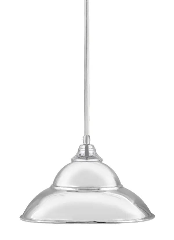 This contemporary pendant features a distinctive double bubble metal shade in polished chrome finish. With adjustable hanging height from 12.75 to 60.75 inches and sloped ceiling compatibility, it offers versatile installation options.