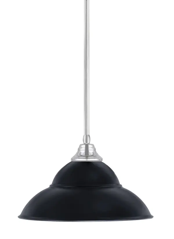 This contemporary stem-hung pendant combines sleek chrome hardware with a striking 16-inch matte black double bubble metal shade. Adjustable height and sloped ceiling compatibility make it versatile for various spaces.