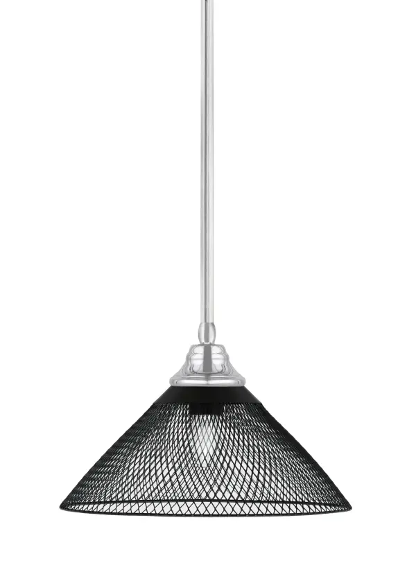 This versatile stem hung pendant combines sleek chrome hardware with an industrial-inspired 14-inch matte black cone mesh shade. The adjustable stem system allows customization from 12 to 60 inches, making it perfect for various ceiling heights and applications.