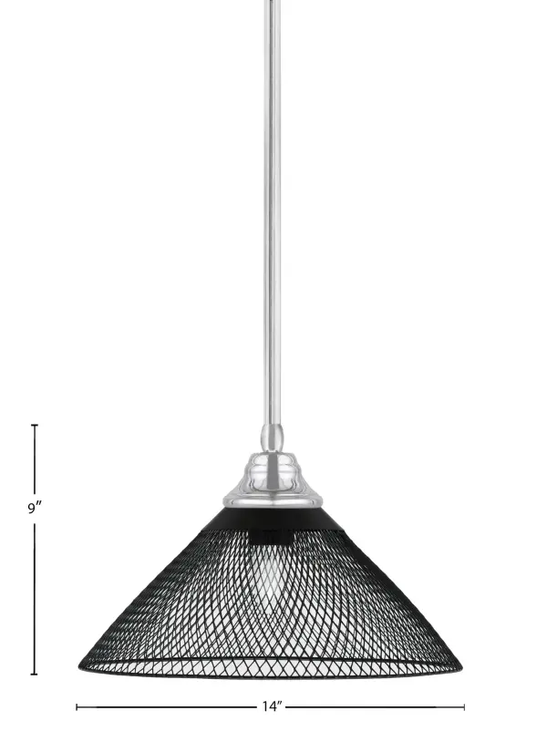This versatile stem hung pendant combines sleek chrome hardware with an industrial-inspired 14-inch matte black cone mesh shade. The adjustable stem system allows customization from 12 to 60 inches, making it perfect for various ceiling heights and applications. - alternate view