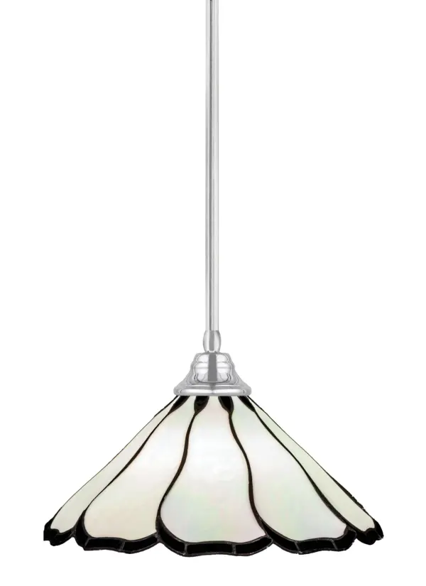 This contemporary pendant features striking Pearl & Black Flair art glass in a 16-inch shade with chrome finish. Highly adjustable with multiple stem sections, it works on sloped ceilings and offers flexible installation options.