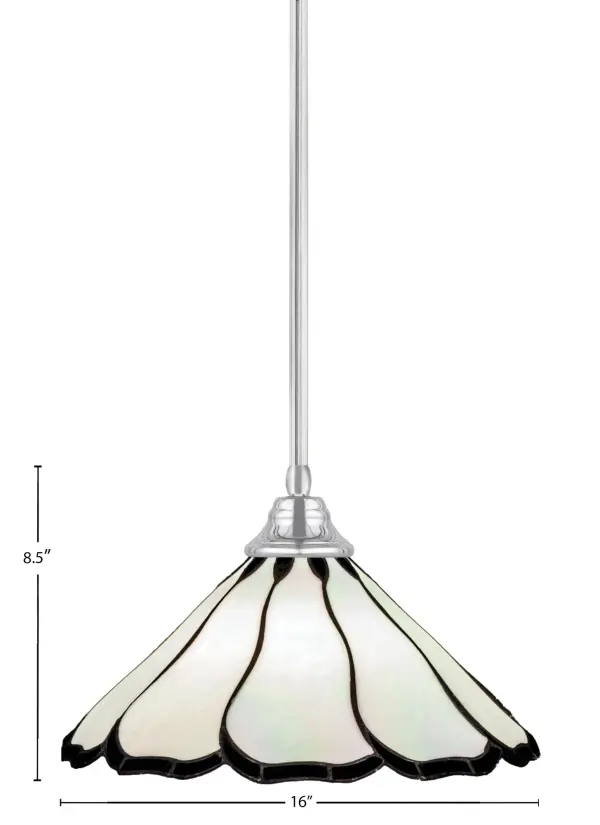 This contemporary pendant features striking Pearl & Black Flair art glass in a 16-inch shade with chrome finish. Highly adjustable with multiple stem sections, it works on sloped ceilings and offers flexible installation options. - alternate view