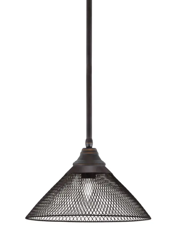 This stem-hung pendant combines industrial mesh styling with contemporary dark granite finish. The 14-inch cone shade provides focused downlight while the mesh design adds visual texture. Highly adjustable hanging height and sloped ceiling compatibility make it versatile for various spaces.