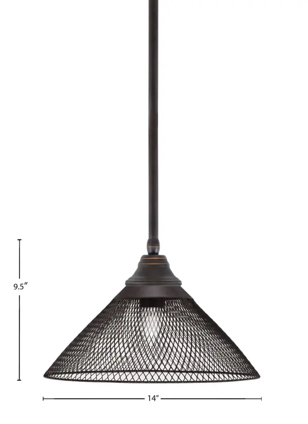 This stem-hung pendant combines industrial mesh styling with contemporary dark granite finish. The 14-inch cone shade provides focused downlight while the mesh design adds visual texture. Highly adjustable hanging height and sloped ceiling compatibility make it versatile for various spaces. - alternate view