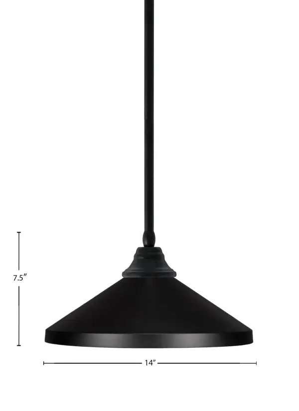 This 14-inch matte black cone pendant combines industrial charm with modern versatility. The adjustable stem system allows customization from 10.75" to 58.75", making it adaptable to various ceiling heights and spaces. - alternate view