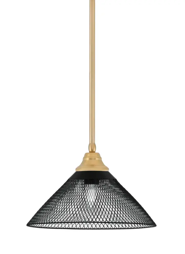 This handcrafted pendant combines warm New Age Brass with a striking 14" matte black mesh cone shade, creating perfect visual contrast. Adjustable height and sloped ceiling compatibility make it versatile for various spaces.