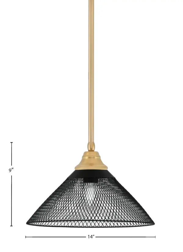 This handcrafted pendant combines warm New Age Brass with a striking 14" matte black mesh cone shade, creating perfect visual contrast. Adjustable height and sloped ceiling compatibility make it versatile for various spaces. - alternate view