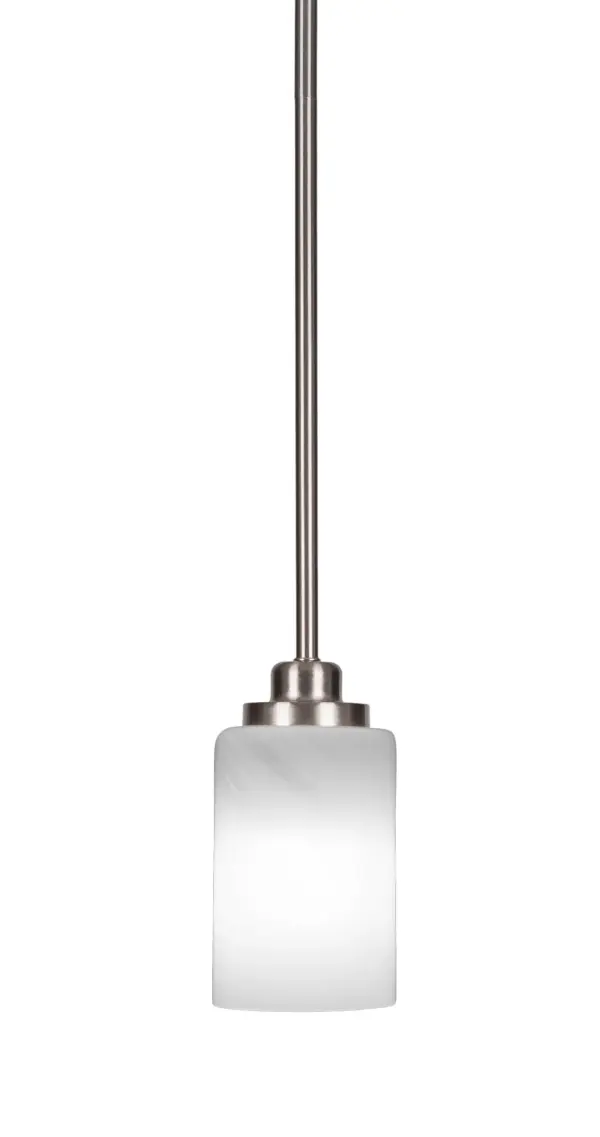 The Odyssey Mini Pendant combines brushed nickel sophistication with warm white marble glass in a compact 4-inch design. Ideal for task lighting or creating ambiance in smaller spaces, this versatile fixture offers adjustable height and works on sloped ceilings.