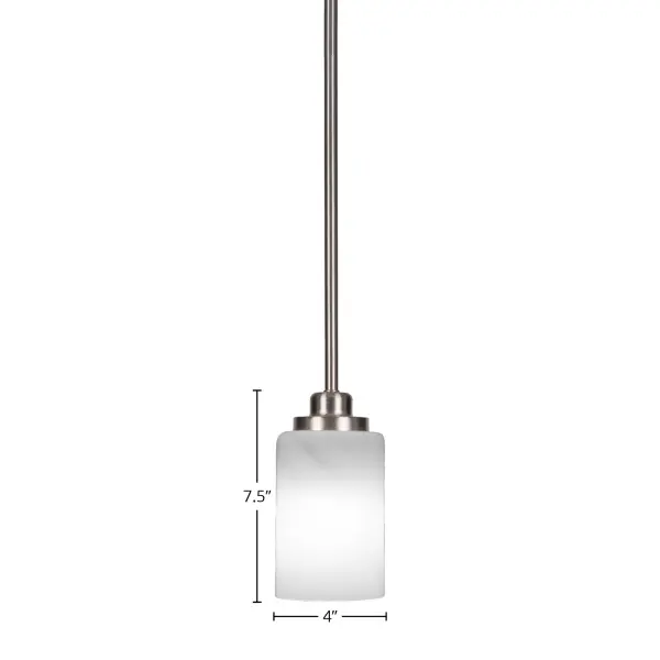 The Odyssey Mini Pendant combines brushed nickel sophistication with warm white marble glass in a compact 4-inch design. Ideal for task lighting or creating ambiance in smaller spaces, this versatile fixture offers adjustable height and works on sloped ceilings. - alternate view