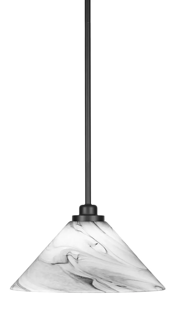 The Odyssey Mini Pendant combines contemporary matte black styling with captivating onyx swirl glass. Its compact 12-inch diameter makes it ideal for kitchen islands, dining areas, and entryways. Adjustable hanging height and sloped ceiling compatibility offer excellent versatility.