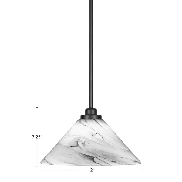 The Odyssey Mini Pendant combines contemporary matte black styling with captivating onyx swirl glass. Its compact 12-inch diameter makes it ideal for kitchen islands, dining areas, and entryways. Adjustable hanging height and sloped ceiling compatibility offer excellent versatility. - alternate view