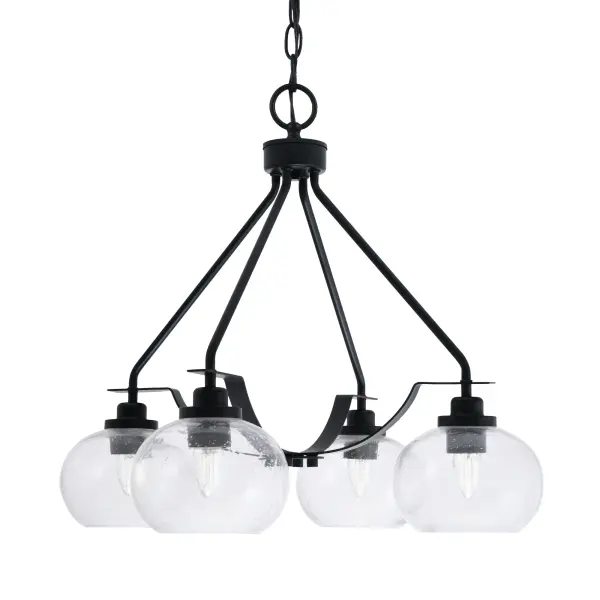 The Odyssey 4-Light Chandelier combines sleek matte black finish with distinctive clear bubble glass shades for a contemporary look. Adjustable height and sloped ceiling compatibility make it versatile for various spaces.
