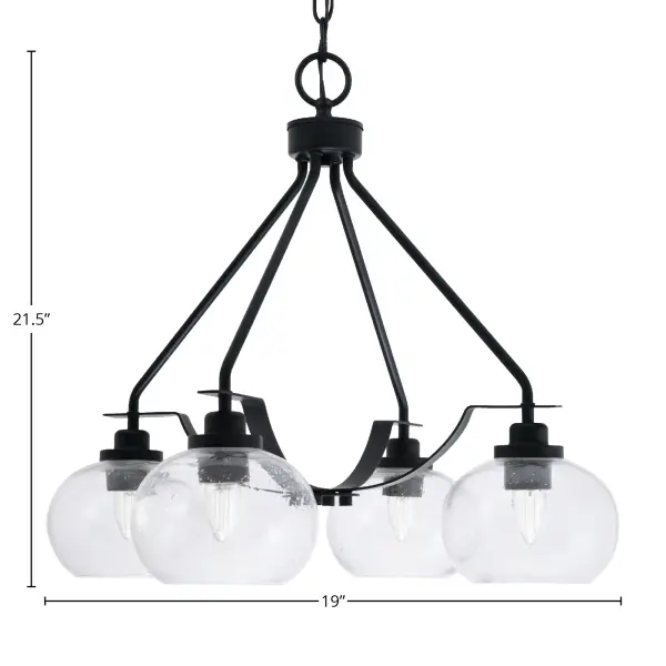 The Odyssey 4-Light Chandelier combines sleek matte black finish with distinctive clear bubble glass shades for a contemporary look. Adjustable height and sloped ceiling compatibility make it versatile for various spaces. - alternate view