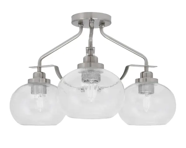The Odyssey semi-flush mount combines contemporary styling with practical functionality. Its brushed nickel finish and distinctive clear bubble glass create visual interest while providing ample illumination for smaller spaces.