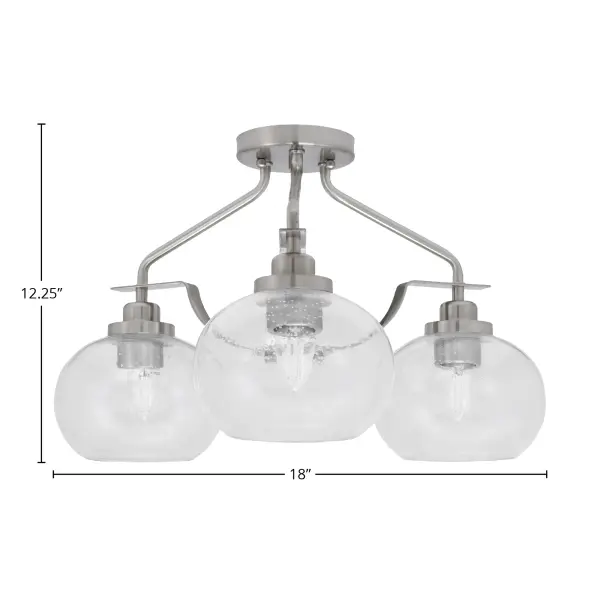 The Odyssey semi-flush mount combines contemporary styling with practical functionality. Its brushed nickel finish and distinctive clear bubble glass create visual interest while providing ample illumination for smaller spaces. - alternate view