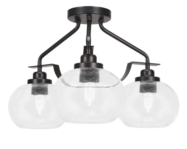 The Odyssey semi-flush combines contemporary matte black styling with unique clear bubble glass shades for an eye-catching lighting solution. Perfect for spaces needing ambient illumination with modern flair.