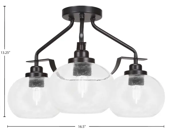 The Odyssey semi-flush combines contemporary matte black styling with unique clear bubble glass shades for an eye-catching lighting solution. Perfect for spaces needing ambient illumination with modern flair. - alternate view