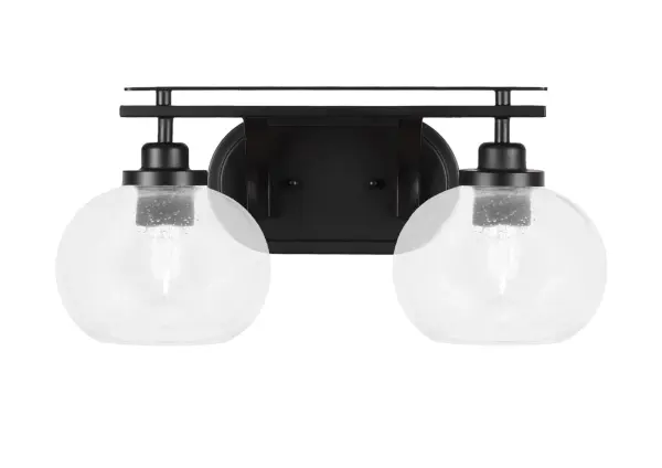The Odyssey 2-Light Bath Bar combines contemporary matte black styling with unique clear bubble glass shades. Perfect for modern bathrooms, this versatile fixture can be mounted up or down and provides excellent task lighting.