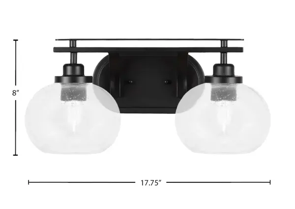 The Odyssey 2-Light Bath Bar combines contemporary matte black styling with unique clear bubble glass shades. Perfect for modern bathrooms, this versatile fixture can be mounted up or down and provides excellent task lighting. - alternate view