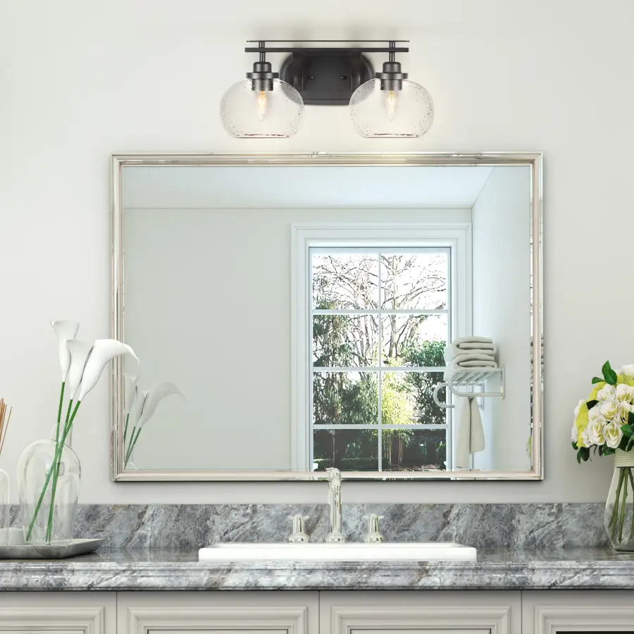 Odyssey 2-Light Bath Bar in Matte Black with Clear Bubble Glass - Image 3