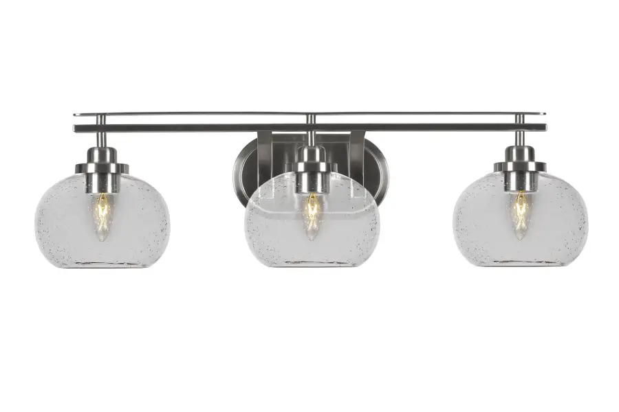 Odyssey 3 Light Bath Bar in Brushed Nickel with Clear Bubble Glass - Image 1