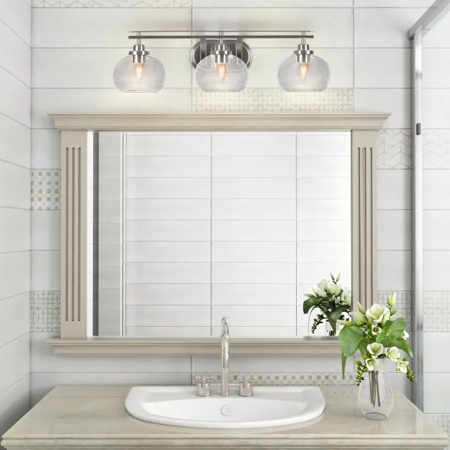 Odyssey 3 Light Bath Bar in Brushed Nickel with Clear Bubble Glass - Image 3