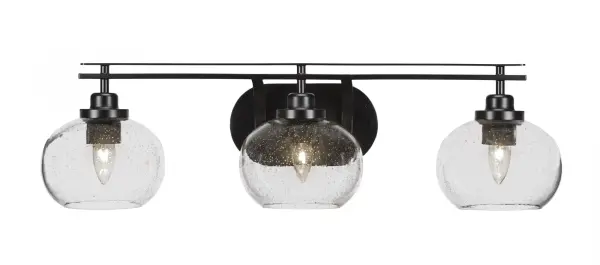 The Odyssey 3-Light Bath Bar combines contemporary matte black styling with unique clear bubble glass shades. At 28.5 inches wide, it provides ample illumination for medium to large vanities with flexible up or down mounting options.